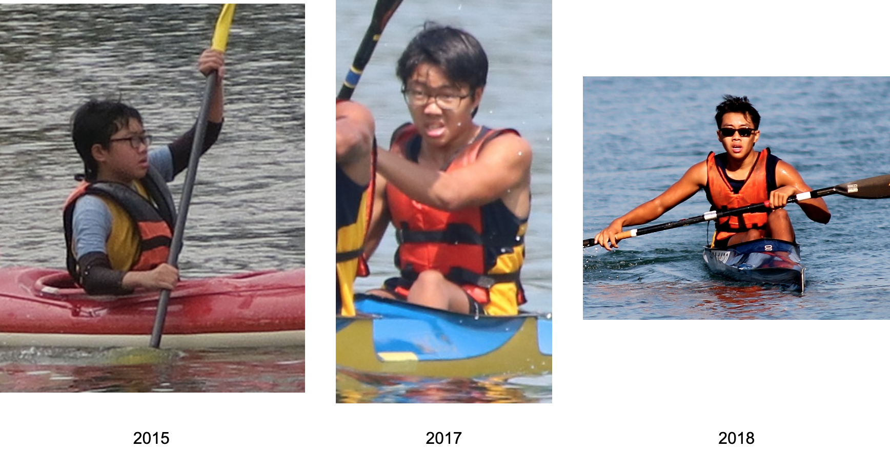 Three photos from 2015, 2017, and 2018 showing a young male kayaker growing older, paddling on water each year.